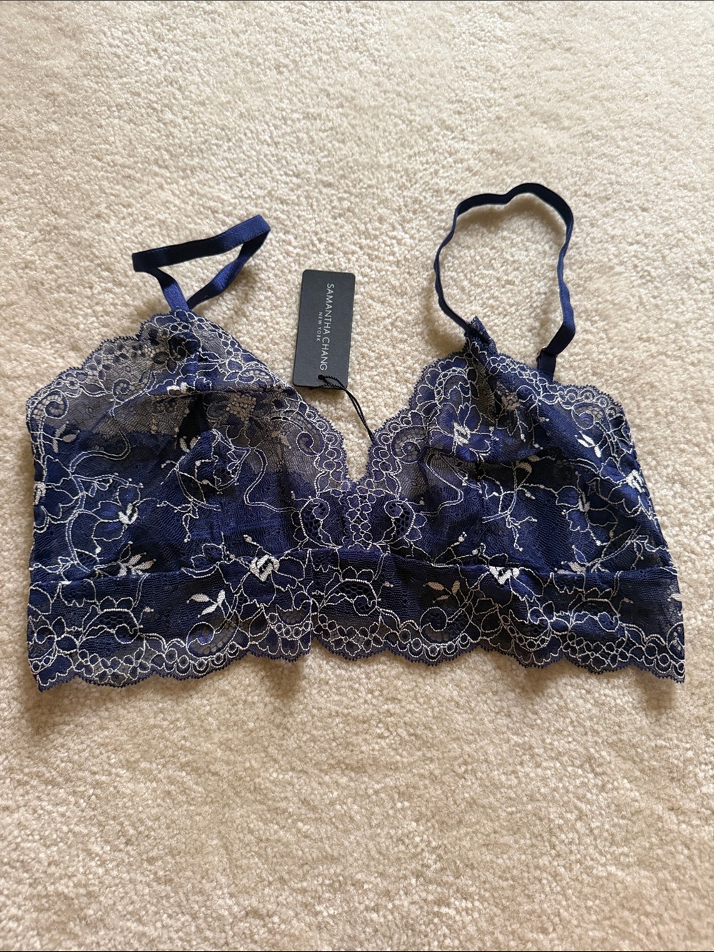 Samantha Chang Deep Blue Floral Lace Bralette
